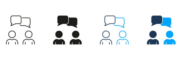 Two People With Speech Bubbles Line And Solid Icon Set. Communication, Dialogue, And Interaction Symbol Collection. Social Networking And Conversation Concept. Isolated Vector Illustration