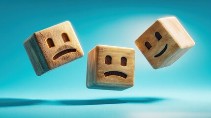 Three wooden cubes with carved emoticon faces showing happy and sad expressions floating mid air over a blue background in a conceptual scene.