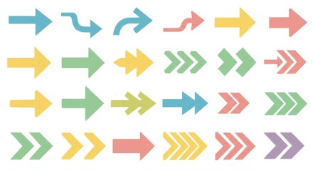 Colorful Vector Arrow Icon Set ,Minimalist Collection of Directional Arrows in Pastel Blue, Green, Yellow, and Pink for Infographics and Design