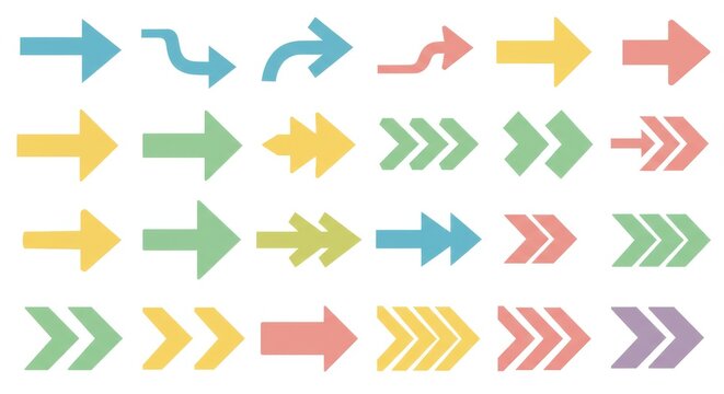 Colorful Vector Arrow Icon Set ,Minimalist Collection of Directional Arrows in Pastel Blue, Green, Yellow, and Pink for Infographics and Design - Powered by Adobe