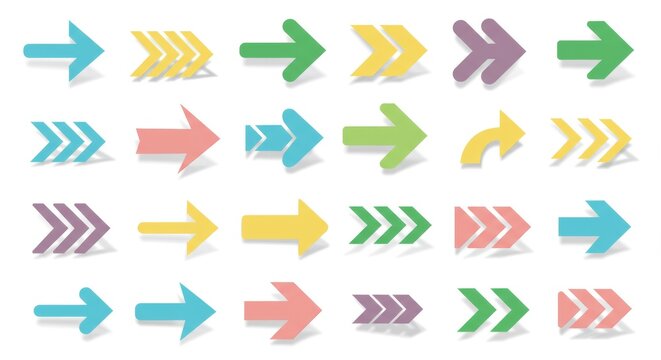 Colorful Vector Arrow Icon Set ,Minimalist Collection of Directional Arrows in Pastel Blue, Green, Yellow, and Pink for Infographics and Design