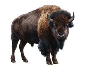 Fototapeta premium Realistic depiction of a majestic bison showcasing its thick fur, strong build, and distinctive curved horns in natural posture