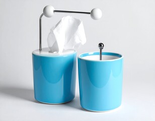 Blue ceramic tissue holder with matching container and white background