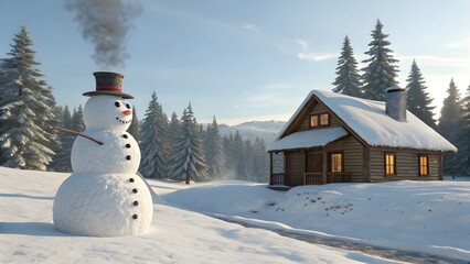 Snowman with a top hat stands near a cozy cabin in a winter landscape a festive scene for holiday cards and seasonal promotions