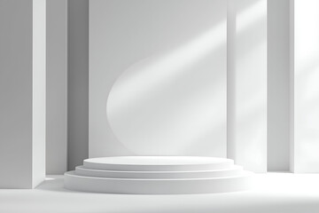 Obraz premium White Podium in a Minimalist Room. Product Display Background for Cosmetics, Jewelry, or Luxury Goods.