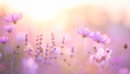 Soft pastel pink and lavender abstract flower field with gentle bokeh, dreamy blurred petals, light leaks, ethereal romantic atmosphere.