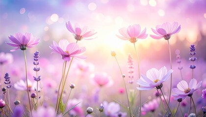 Soft pastel pink and lavender abstract flower field with gentle bokeh, dreamy blurred petals, light leaks, ethereal romantic atmosphere.