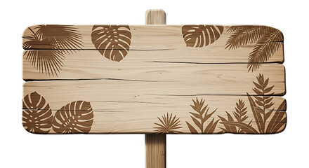 Rustic wooden sign adorned with tropical leaves, ideal for holiday messages or summer marketing, transparent background