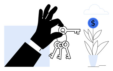 Hand holding multiple keys next to a flourishing money plant with a dollar coin icon. Ideal for finance, investment, real estate, success, opportunity, growth, savings. Simple flat metaphor