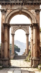Architectural vista featuring stone arches, columns, and stairs toward mountains