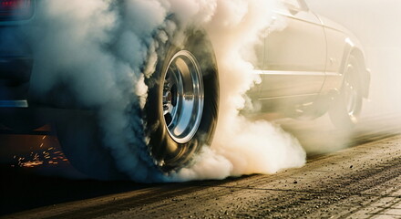 Race car peeling out and creating smoke with tire burn on drag strip burnout. Speed and performance concept footage.