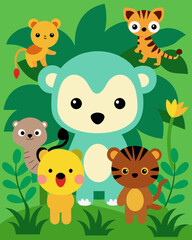 Fototapeta premium cute cartoon jungle animals collage illustration