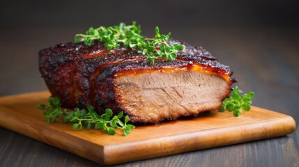 Juicy and Tender Barbecue Brisket with Fresh Herb Garnish on Wooden Cutting Board Against Dark Background for Culinary Inspiration and Delicious Cooking Ideas