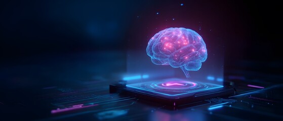 Glowing digital brain hovers over futuristic interface.