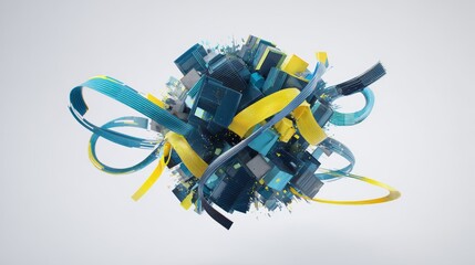 Dynamic abstract composition with globe-like cluster of colorful rectangular blocks, ribbons in cool blue tones, symbolizing data flow, technology networks, digital connectivity for tech presentations