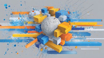 Dynamic abstract composition with globe-like cluster of colorful rectangular blocks, ribbons in cool blue tones, symbolizing data flow, technology networks, digital connectivity for tech presentations