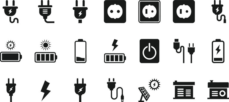Collection of electrical plugs sockets and batteries representing power and energy concepts isolated on transparent background