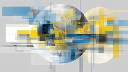 Dynamic abstract composition with globe-like cluster of colorful rectangular blocks, ribbons in cool blue tones, symbolizing data flow, technology networks, digital connectivity for tech presentations