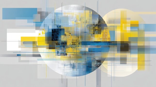 Dynamic abstract composition with globe-like cluster of colorful rectangular blocks, ribbons in cool blue tones, symbolizing data flow, technology networks, digital connectivity for tech presentations