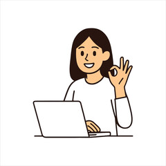 smiling woman, wearing white shirt, working on laptop