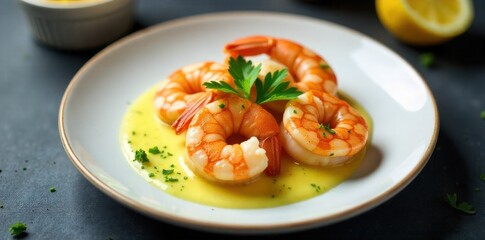 Seafood Medley Delicate White Fish and Shellfish An overhead studio shot of a pristine white plate showcasing a delicate arrangement of pan seared cod loin and plump, grilled prawns. Drizzled with a