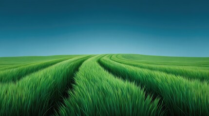 Fototapeta premium Lush Green Fields with Gentle Curves Under a Clear Blue Sky, Inviting Nature Lovers to Explore the Vibrant Landscape and Experience Peaceful Serenity Outdoors