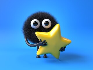 Fluffy, cute monster holding a star, symbolizing achievement or rating. 3D rendering, conceptual image. Isolated on white background.