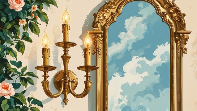 Elegant brass candle sconce mounted beside arched mirror frame vintage illustration background
