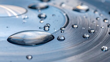 Close-up of water droplets on a shiny, circular, textured surface