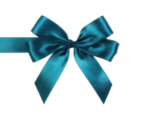 Elegant teal satin ribbon bow with long tails isolated on white background for decorating gifts and creative projects