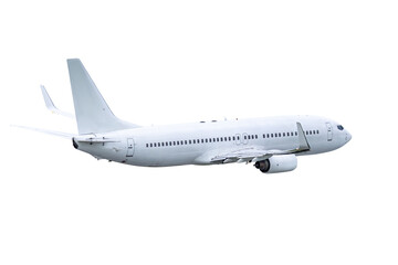 White passenger plane flies isolated