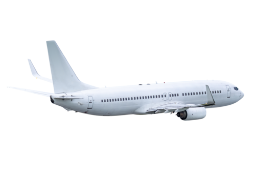 White passenger plane flies isolated