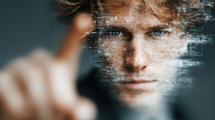 A futuristic portrait of a man, his face merging with digital data, symbolizing technology and human connection.