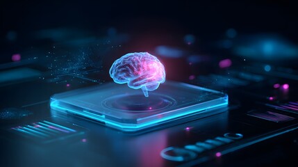 Glowing digital brain illuminates a futuristic circuit board.