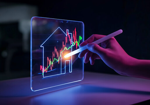 Real estate market analysis digital screen with rising graph and hand