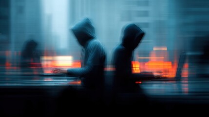 Blurred figures in hoodies work on laptops, emphasizing a mysterious, tech-driven atmosphere in an urban setting.