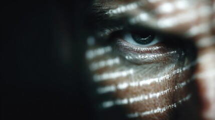 A close-up view of an eye with computer code projected onto the skin, emphasizing themes of technology, surveillance, and digital identity.