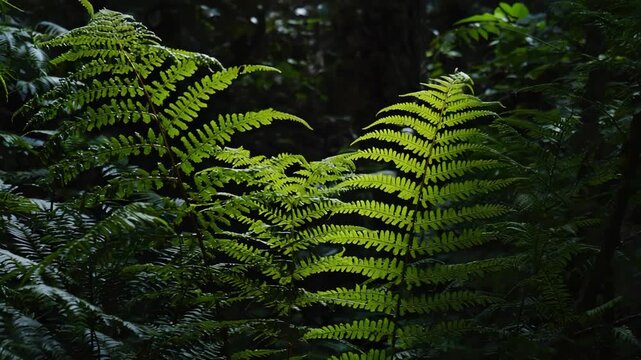 lush green fern leaves, dense tropical foliage, dark jungle background