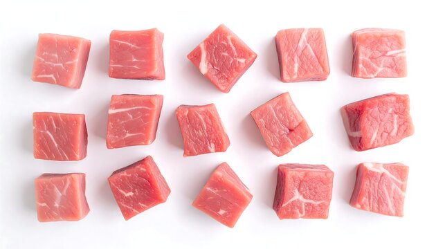 Cubed raw beef on white background