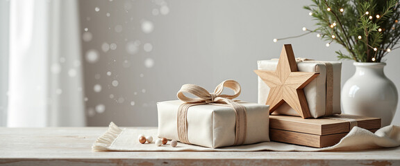 Minimalist Scandinavian Christmas decor with gifts and pine branches  