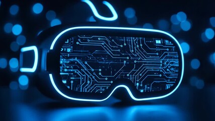 Futuristic virtual reality headset with glowing blue circuit board display and bokeh lights in the background, symbolizing advanced technology and digital immersion - Powered by Adobe