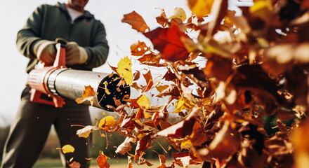 Naklejka premium Leaf blower for cleaning up dry autumn leaves and debris in the garden or backyard, video of autumn work and maintenance