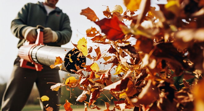 Fototapeta Leaf blower for cleaning up dry autumn leaves and debris in the garden or backyard, video of autumn work and maintenance