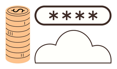 Stack of coins symbolizes finance, password field highlights cybersecurity, and cloud outline represents data storage. Ideal for technology, fintech, cloud solutions, data safety, digital banking