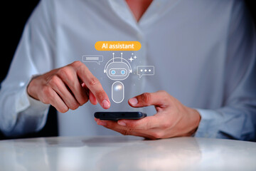 Hands engaged with smartphone displaying AI assistant interface, showcasing modern technology interaction in daily communication and support experiences