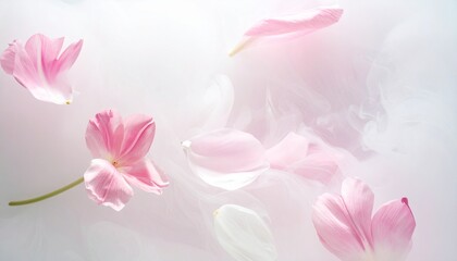 Delicate pink and white petals dissolving into soft smoke or mist, ethereal and surreal composition, elegant minimalist mood.