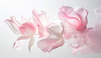 Delicate pink and white petals dissolving into soft smoke or mist, ethereal and surreal composition, elegant minimalist mood.