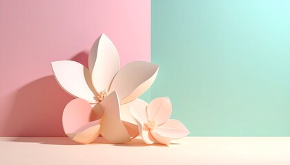 Abstract minimal background with geometric flower shapes in pastel tones — pink, mint, and cream — soft shadows and clean space.