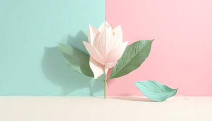 Abstract minimal background with geometric flower shapes in pastel tones — pink, mint, and cream — soft shadows and clean space.