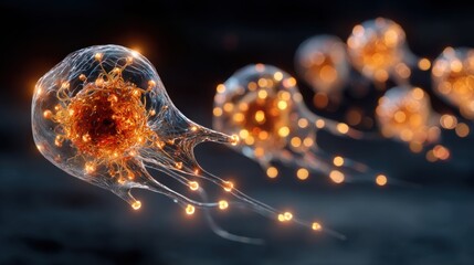 A visually striking depiction of glowing, translucent cells with intricate details, giving a sense of movement and depth in a dark backdrop.